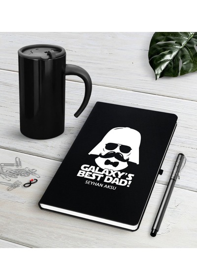 Kişiye Özel Galaksinin En İyi Babası Siyah Defter Kalem Termos Mu Siyah