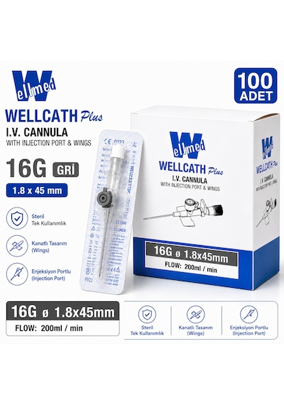 Wellmed Wellcatch Plus 16g Gri İ.v. Branül 1.8 45 Mm Portlu Kanatlı Steril 200 Adet