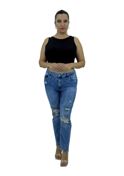 Büyük Beden Denim Taşlı Yırtık Yıpratma Detaylı Dar Paça Kadın Pantolon Mavi