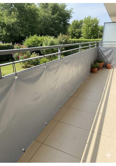Gri Renk Balkon Brandası - 650 Gr Pvc Polyester - Kuşgözlü Ve Kolon Takviyeli Balkon Demiri Brandası Gri