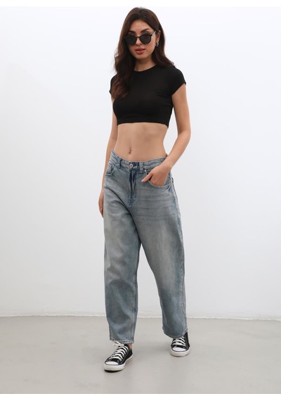 Kadın Yüksek Bel Skater Fit Jean Pantolon Tint Mavi