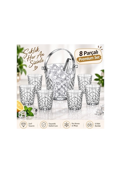 8 Parça 6 Lı Cam Bardak Ve Maşalı Buz Kovası Seti Kristal Görünümlü İçecek Sunum Seti Şeffaf