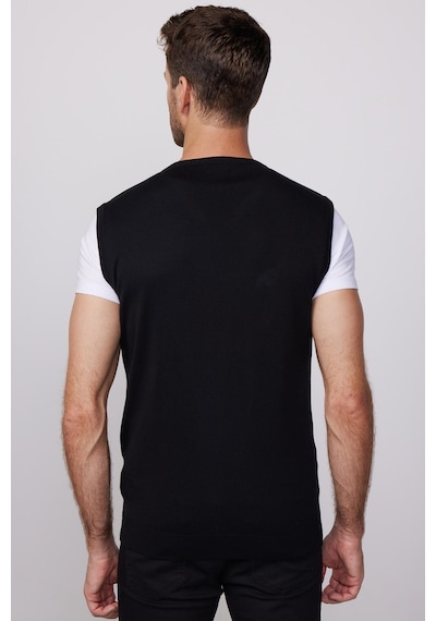 Tudors Slim Fit Dar Kesim V Yaka Kendinden Desenli Siyah Erkek Süveter-28636-siyah