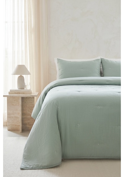 Ocean Home Textile Nakışlı Mint Çift Kişilik Yatak Örtüsü Seti 1 Adet 250 X 230 / 2 Adet 50 X 70 Cm