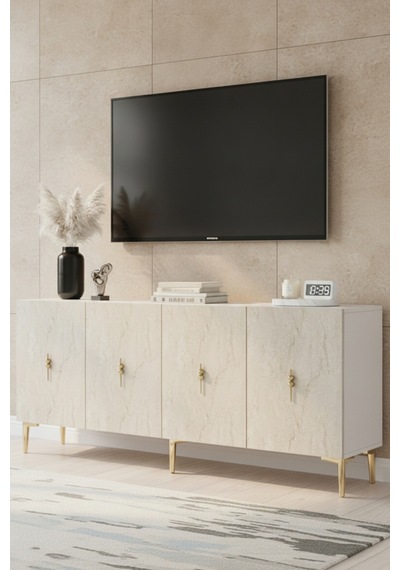 Ka1812btg Salkım Konsol Ve Tv Sehpası Beyaz-traverten-gold 180cm Beyaz - Traverten - Altın