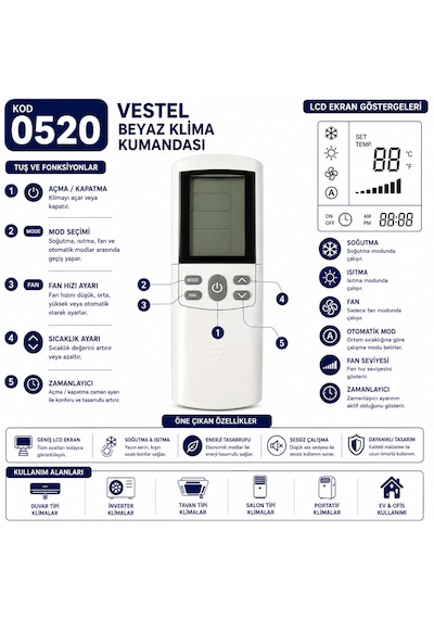 Vestel 0520 Beyaz Klima Kumandası Lcd Ekranlı Isıtma Soğutma Fan Mod Ayarlı Yedek Kumanda