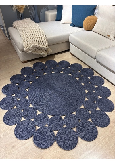 Mavaux Papatya Hasır Jüt Çiçek Desenli Kilim Halı Lacivert