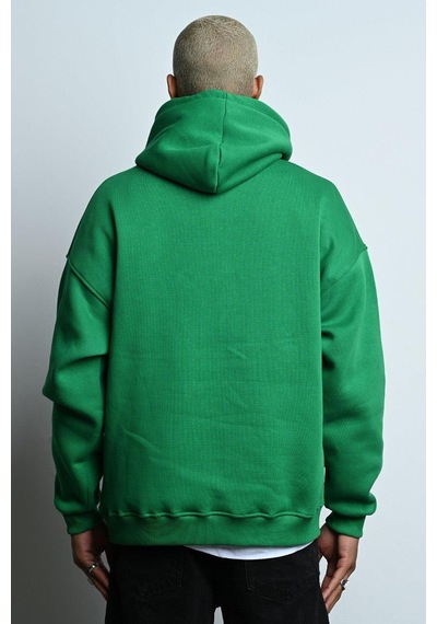 Oversize Kapşonlu Kanguru Cepli İçi Polarlı 3 İplik Erkek Sweatshirt Yeşil