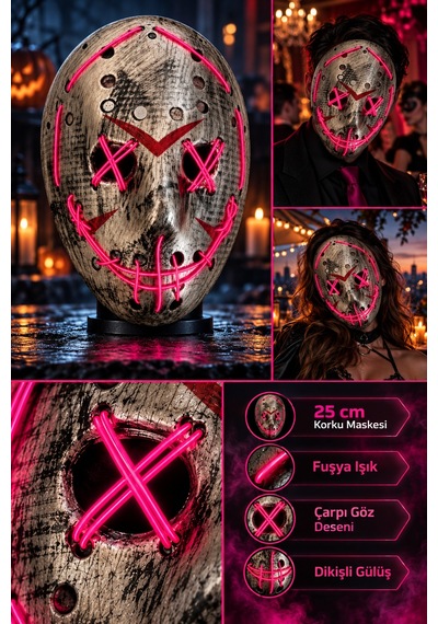 Halloween Cadılar Bayramı Purge Tarzı Fuşya Işıklı Korku Maskesi 25 Cm Çarpı Gözlü Dikili Ağız