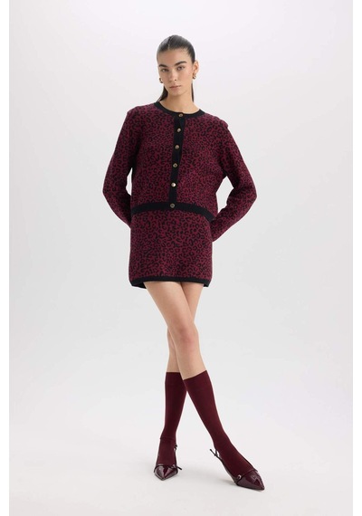 DeFacto A Kesim Leopar Desenli Mini Triko Etek D8516AX24WNBR115 Bordo