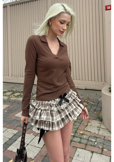 Madmext Acı Kahve Polo Yaka Fitilli Kadın Body Mg2566 Acı Kahverengi