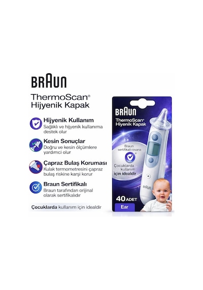 Braun Thermoscan Hijyenik Kapak, Kulak Termometresi İçin, Orijinal Yedek Prob Ucu, 40 Adet