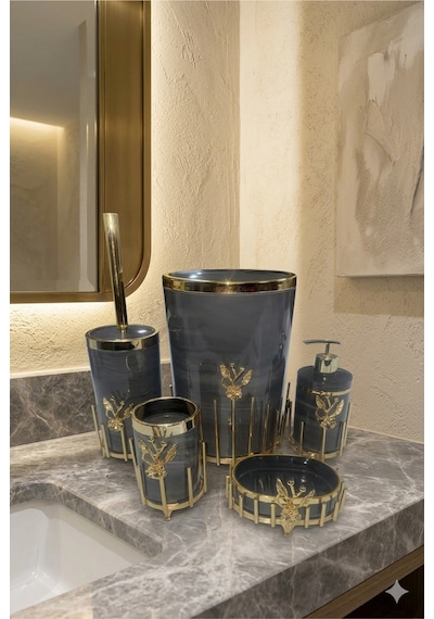 Makri Home Gold Kaplama Metal Stantlı 5 Parça Mermer Desenli Ve Düz Renk Seçenekli Banyo Aksesuar Takımı Gri