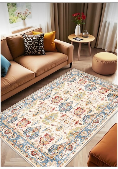 Retro Vintage Dijital Baskı Salon Halısı Kaymaz Tabanlı Yıkanabilir Halı Yolluk 526 Krem
