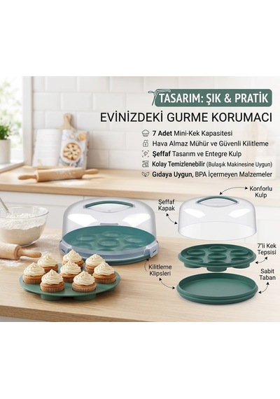 Reoona Taşınabilir Kapaklı Kek Ve Cupcake Şeffaf Taşıma Fanusu 7'li Bölmeli Pastel Pasta Saklama Kabı G-299 Açık Ahşap