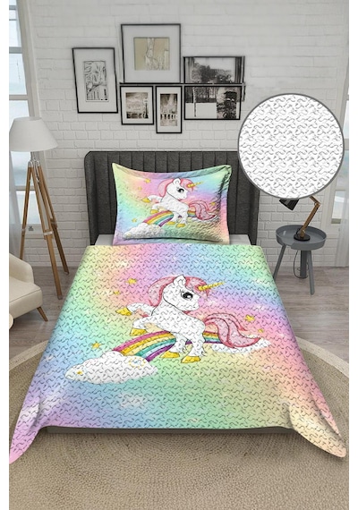 Unicorn Desenli Kadife Kumaş Çocuk Yatak Örtüsü Seti 2 Parça Tky0022 Çok Renkli