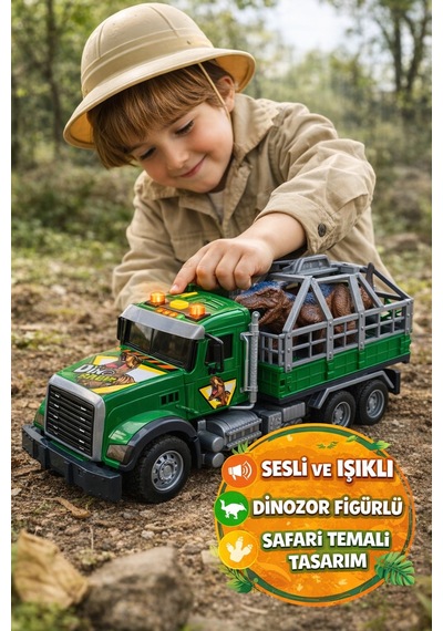 Sesli Işıklı Dinozor Kurtarma Kamyonu Pilli Safari Oyuncak Tır Taşıyıcı Dinozor Yeşil - 30 Cm