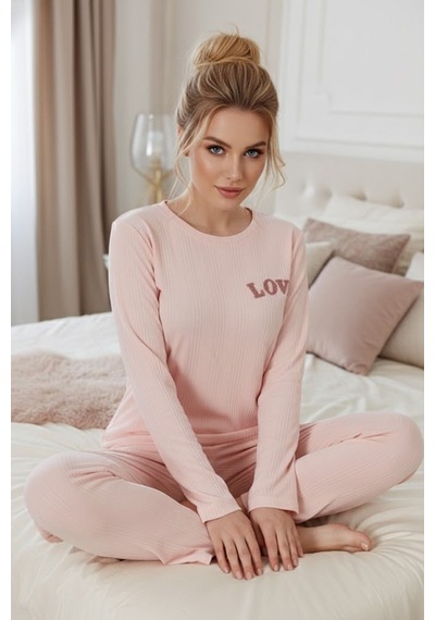 Siyah İnci Love Nakışlı Fitilli Örme Pijama Takım25226001 Somon