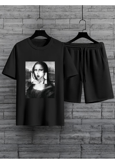 Uyguntarz Unisex Mona Lisa Baskılı Tasarım Şort Takım Siyah