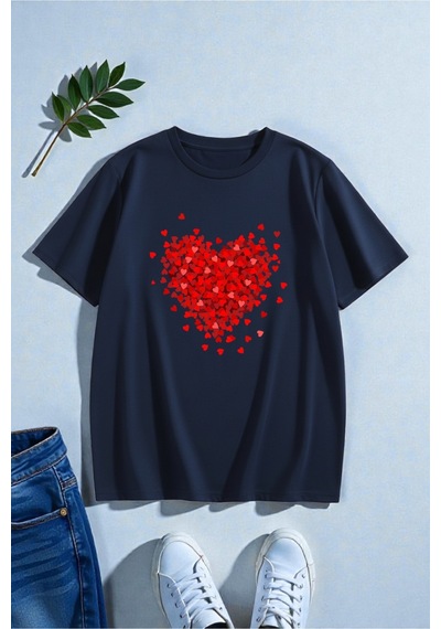 Uyguntarz Unisex Karışık Kalpler Baskılı Tasarım Tshirt Lacivert