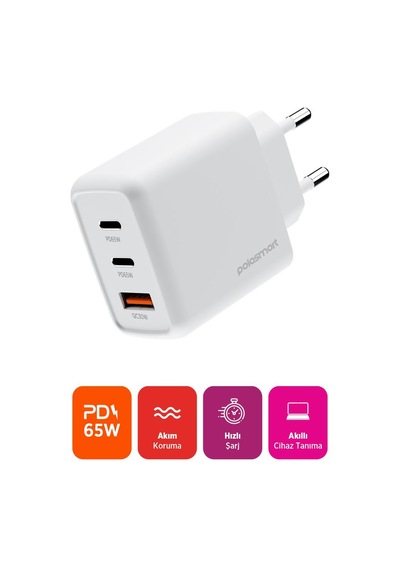 Polosmart Pbs135 65w Pd Hızlı Şarj Adaptörü 2 Type-c + Usb Çıkış 3 Port Güvenli Şarj Beyaz