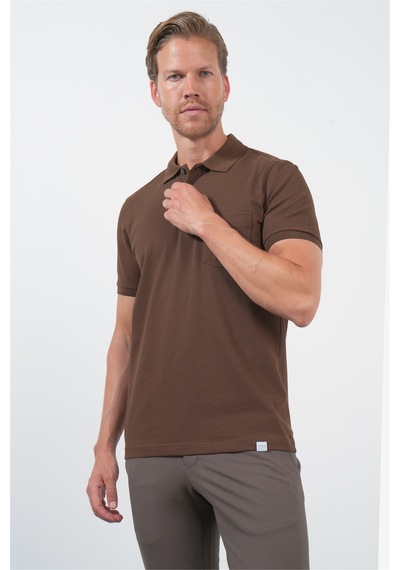 Kahverengi Polo Yaka Kısa Kol Cepli Comfort Fit Pamuklu Tişört 1011260155 Koyu Kahverengi