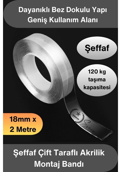 Çifttaraflıbant Şeffaf Çift Taraflı Akrilik Montaj Bandı 18mm X 2 Metre Güçlü Yapışkan İz Bırakmaya Diğer