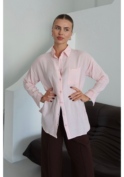 Balenbi Kadın Cepli Oversize Düz Renk Müslin Gömlek 1095 Pembe