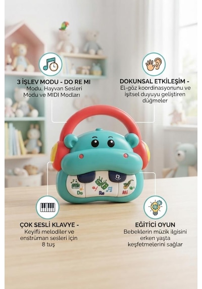 Montessori Neşeli Su Aygırı 3 Farklı Modlu Hayvan Sesleri Ritim Öğreten 12 Cm Bebek Oyuncağı