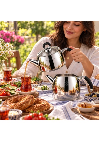 Serenk Excellence Orta Boy Çelik Çaydanlık 1,25 L Demlik, 2 L Suluk Gümüş - Siyah