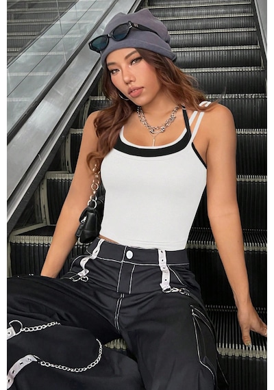 Angbutik Kadın Siyah Beyaz Çift Renk Çapraz Askılı Crop Top Bluz