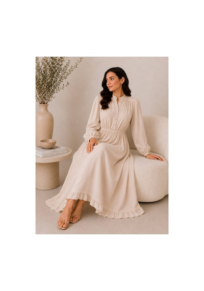 Hira Life Fashion Kadın Çilek Kumaş Ve Önü Düğmeli Eteği Fırfırlı Hakim Yaka Elbise Taş Taş