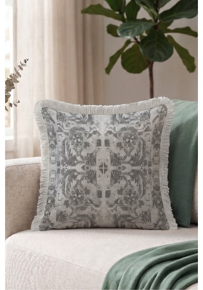 Damask Motifli Saçaklı Yastık Kılıfı - Klasik Etnik Modern Antrasit Krem Püsküllü Kırlent Kılıfı Sessiz Lagün Halo Damask Motifli Saçaklı Yastık Kılıfı - Klasik Etnik Modern Antrasit Krem Püsküllü Kırlent Kılıfı Sessiz Lagün Halo