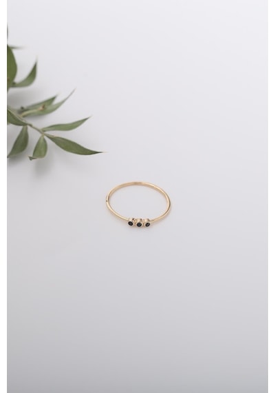 14 Ayar Altın Üç Taşlı Minimal Siyah Yüzük Sarı Altın