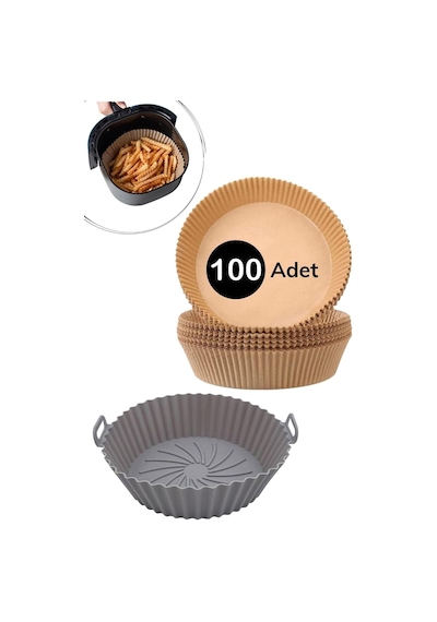 Buffer Silikon Airfryer Gri Pişirme Matı 20 Cm Ve 100 Adet Pişirme Kağıdı