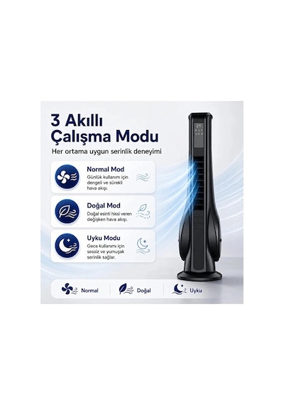 Turbo Smart Akıllı Fan Auhma Led Ekranlı Kumandalı 90 Hareketli Serinletici Soğutucu Kule Tipi Vant