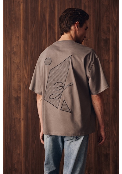 Grimelange Asela Erkek Ön Ve Arkası Nakış Detaylı Kısa Kollu Gri T-shirt