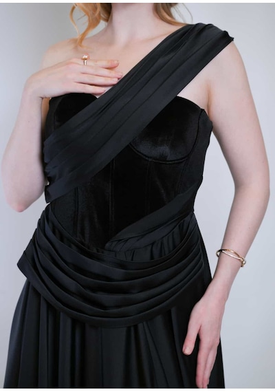 Crystalia Opia Dress Saten Kadife Detaylı - Siyah Siyah