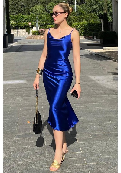 Madmext Saks Askılı Uzun Saten Elbise Mg1408 Saks