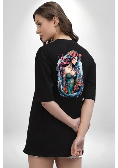 Deniz Kızı Çiçek Siyah Oversize Unisex Ön Ve Sırt Baskılı Tişört Siyah