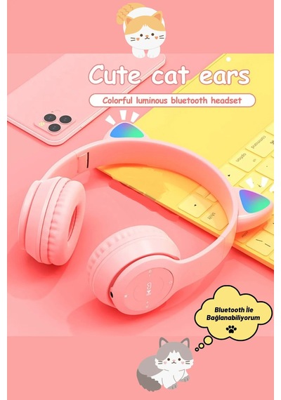 Kedi Kulağı Bluetooth Kablosuz Kulaklık Işıklı Rgb Çocuk Oyun Kulaklığı Radyolu Cocuk Kulaklık Pembe - 582811406