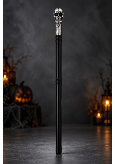 Halloween Cadılar Bayramı 75 Cm Kuru Kafa İskelet Başlı Siyah Kostüm Bastonu Parti Aksesuarı