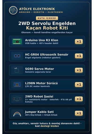 Arduino 2wd Servolu Engelden Kaçan Robot Araba Kiti - Li-on 18650 Pil Yuvalı Set