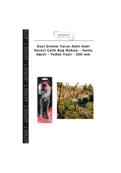 Özel Üretim Tarım Aleti Hobi Gereci Çelik Bağ Makası - Geniş Ağızlı - Yedek Yaylı - 200 Mm