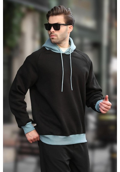 Madmext Siyah Renk Bloklu Kapüşonlu Sweatshirt 7073 Siyah