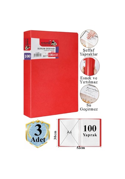 Kırmızı Sunum Dosyası 100 Lü 3 Adet Poşet Dosyalı Katalog Dosyası 100 Poşetli Kendinden Dosya Plastik Kapaklı Kırmızı