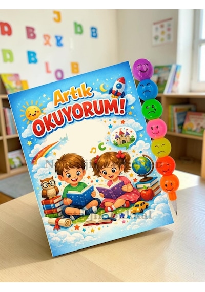 5 Set Yeni Okumayı Öğrenen Öğrencilere Hediye Artık Okuyorum Yazılı 1. Sınıf Hatırası Emoji Kurşun Kalem Tebrik Kartı Hediyeli
