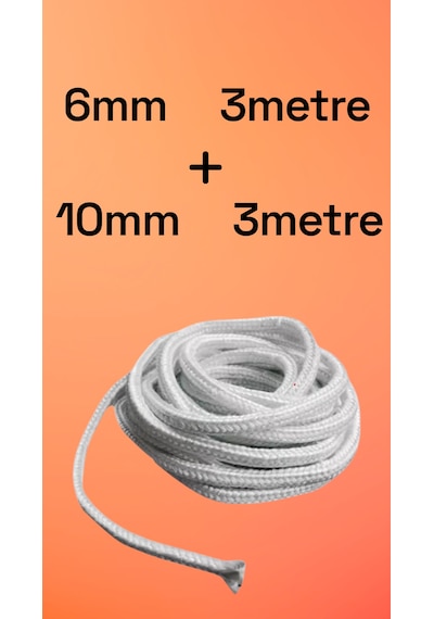 Cam Elyaf/ Fiberglass/ Isıya Dayanıklı Fitil 3 Metre 6mm + 3 Metre 10mm Soba-şomine Fitili
