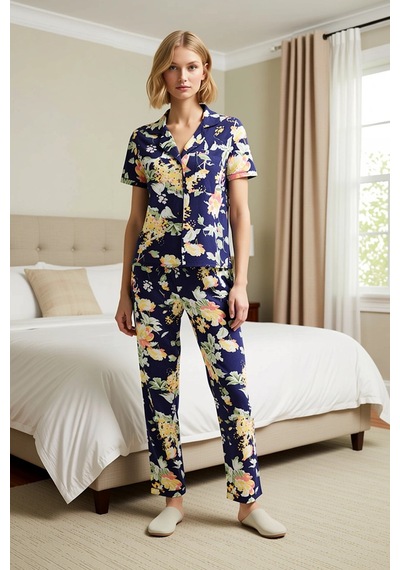 Benerly Kadın Gömlek Yaka Kısa Kollu Pijama Takımı Çiçekli Regular Kalıp lacivert Benerly Kadın Gömlek Yaka Kısa Kollu Pijama Takımı Çiçekli Regular Kalıp lacivert