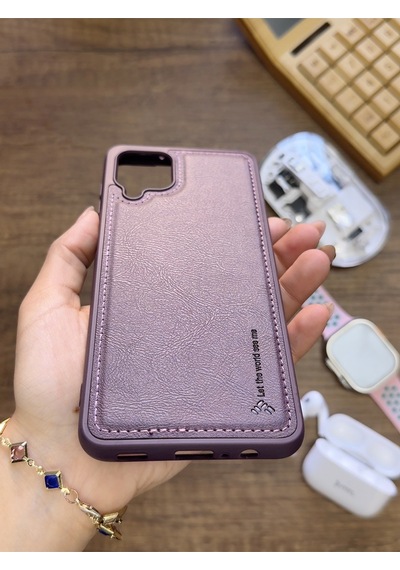 Samsung Galaxy A12 Uyumlu Premium Deri Dokulu Darbelere Karşı Dayanıklı Nazal Silikon Kılıf Mor